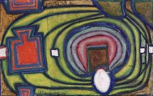 05. Friedensreich Hundertwasser  „Krankes Fenster - Survivant de Laszlo XV“, 1964, Collage mit Polyvinyl auf Hanf,  teilweise Kreide-Polyvinyl-Grund, 14,5 cm x 22,5 cm,  signiert und datiert „Friedensreich 1964“ Bild: Schütz Fine Art