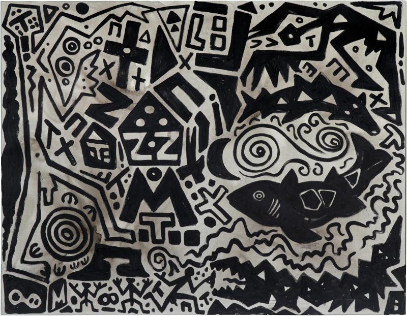 A. R. Penck, Kreislauf der Spiele, 2005, Acryl auf Leinwand, 140 x 180 cm, erzielter Preis € 174.100