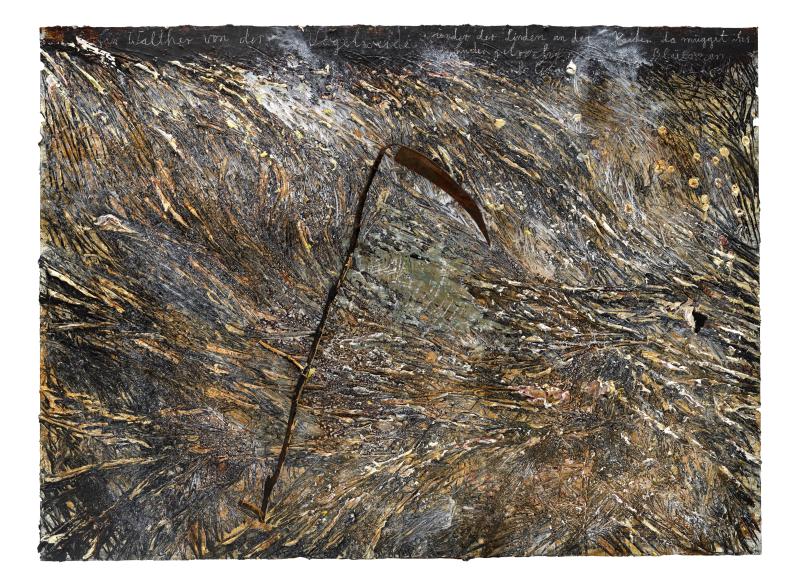 Anselm Kiefer, Für Walther von der Vogelweide - under der Linden an der Heide, 2019. Emulsion, oil paint, acrylic, shellac, chalk on canvas, 280 x 380 cm (110,24 x 149,61 in). © Anselm Kiefer / VG Bildkunst, Bonn 2020. Photo: Georges Poncet.