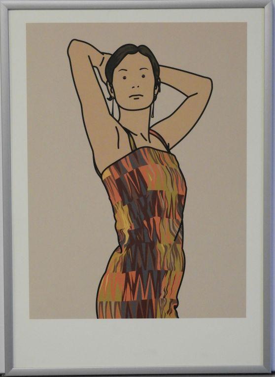 Bild 28: Julian Opie, Anya with cocktail dress, Farblithografie, 2005, Ex.:222/250, 21&29,7 cm. 850 €, mit Alurahmen und Mirogardglas 890 €