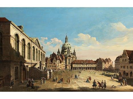 177 Bernardo Bellotto,  genannt „Canaletto“,  1721 Venedig – 1780 Warschau  DER NEUMARKT IN DRESDEN MIT BLICK AUF DIE FRAUENKIRCHE Öl auf Leinwand.  62 x 96 cm.  Katalogpreis € 500.000 - 700.000