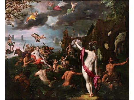 171 Hans Rottenhammer d. Ä. (1564/5 – 1625)  und Jan Brueghel d. Ä. (1568 – 1625)  VORBEREITUNG ZUR HOCHZEIT VON AMPHITRITE UND POSEIDON Öl auf Leinwand.  147 x 180 cm.  Katalogpreis € 150.000 - 250.000