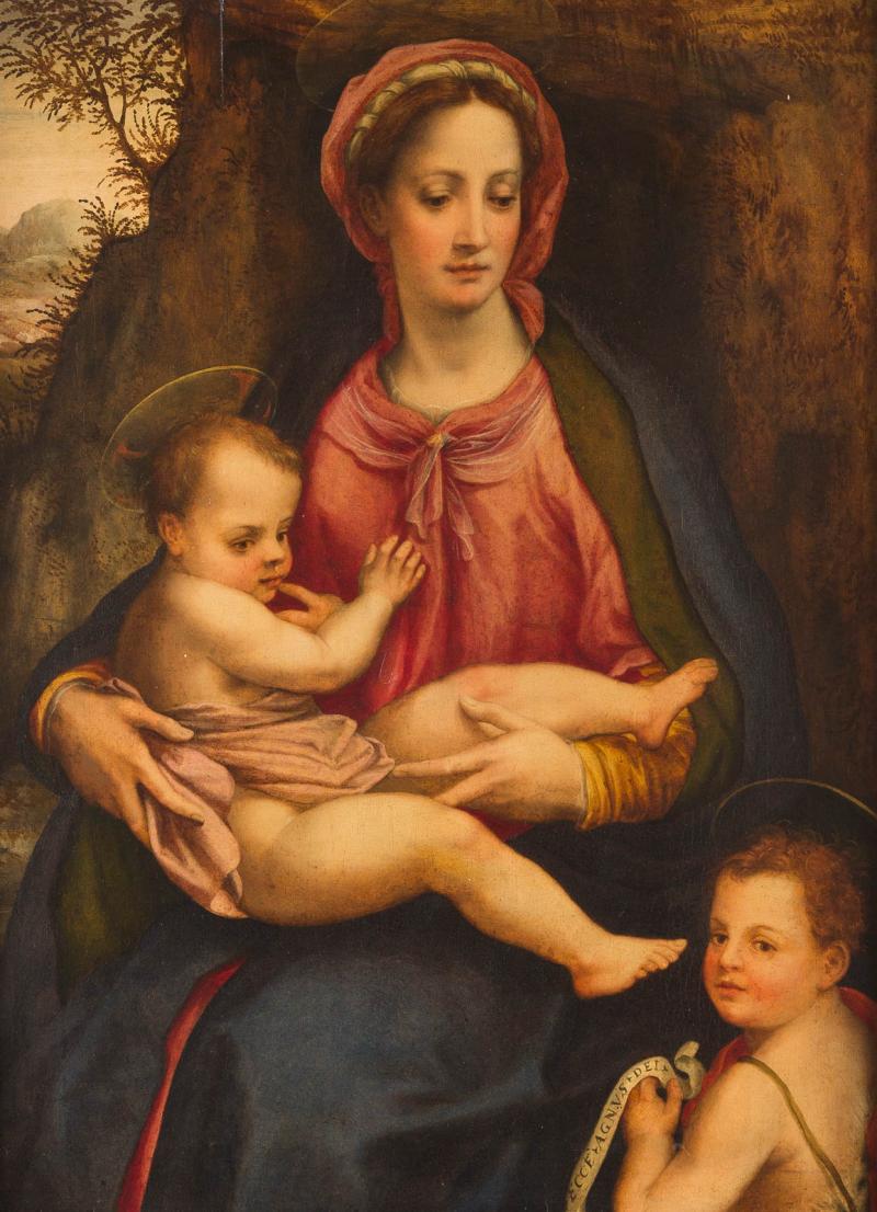 PIER FRANCESCO (DI JACOPO) FOSCHI (AUCH TOSCHI) (ATTR., 1502 Florenz-1567 Ebenda) MADONNA MIT DEM CHRISTUS- UND JOHANNESKNABEN,  Öl auf massiver Pappelholztafel. 101 x 75 cm. Provenienz: Rheinische Privatsammlung. Erlös 21.200,- €