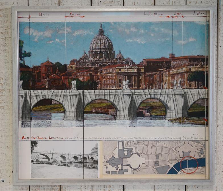 Bild 38: Christo, Pont Sant Angelo, Grafik mit Collage, Stoff. Ex.:XLI/XC, 2011; 63,5&72 cm. 9.900 € mit Silberrahmen, Abstandleiste und Mirogardglas UV70= 10.250  €.