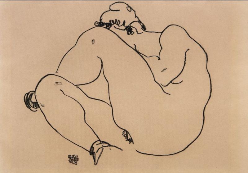 EGON SCHIELE Tulln 1890 - 1918 Wien AKT MIT ABGEWINKELTEM KNIE, 1918 Schwarze Kreide auf Papier, 295 x 430 mm Signiert und datiert links unten: EGON SCHIELE 1918 Kallir WVZ Nr. 2253a