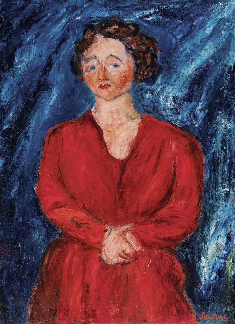 Chaim Soutine (1893 - 1943) La femme en rouge au fond bleu, 1928, Öl auf Leinwand, 75,5 x 54,9 cm, Schätzwert € 1.500.000 - 2.500.000 Auktion 24. November 2020