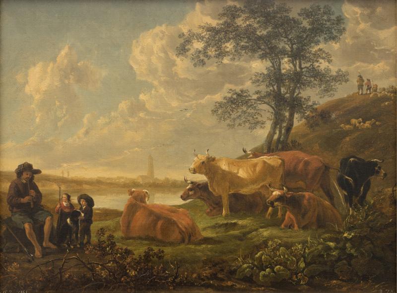 Robert Zünd, Paysage près de Rhenen : vaches au pâturage et berger jouant de la flûte (Kopie nach Aelbert Cuyp), 1861 Öl auf Leinwand, 30.5 x 42 cm, Kunstmuseum Luzern, Leihgabe aus Privatbesitz