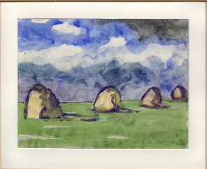 Emil  Nolde  wählte  in  seinem  1930  bis 1940  auf  Japanpapier  ausgeführten  Aquarell„Marschland-schaft mit Heudiemen unter blauem Himmel“  Schätzpreis  75.000,-€