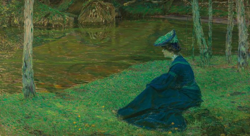 Maximilian Kurzweil (Bisenz 1867–1916 Wien) „Martha Kurzweil am Ufer in Pont-Aven“ („Weiher“), ca. 1900, rückseitig bezeichnet: Max Kurzweil, mit handgeschriebenem Etikett: Am Ufer von Pont-Aven ..., Öl auf Leinwand, 112 x 201 cm, erzielter Preis € 164.422