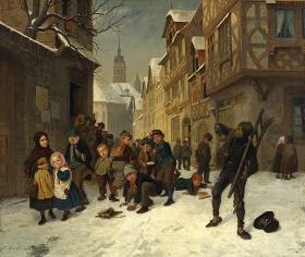 Fritz Paulsen, Schneeballwerfende Schulkinder mit Schornsteinfeger, 1867 © Staatliche Schlösser, Gärten und Kunstsammlungen Mecklenburg-Vorpommern