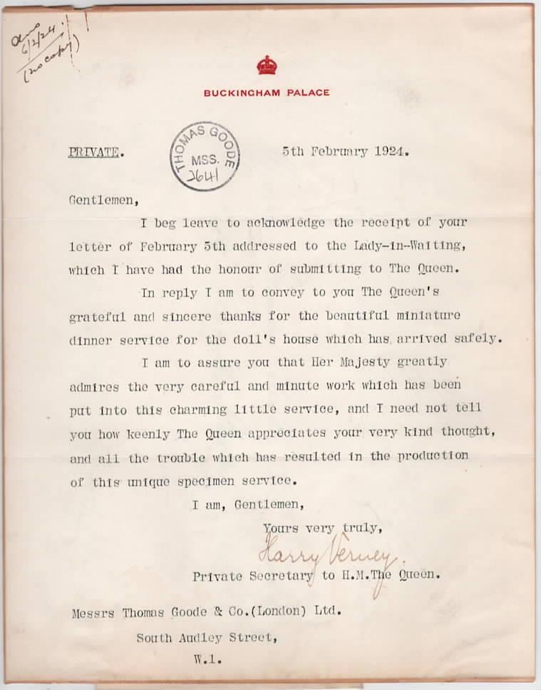 Doll's house dinner service letter