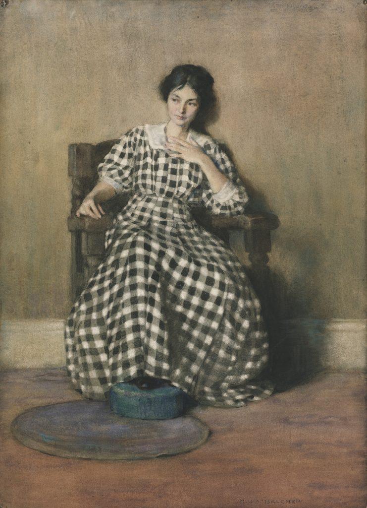 Hilda Belcher (Pittsford, VT 1881 - 1963 Orange, NJ) The Checkered Dress (Portrait of O'Keeffe) Watercolor and gouache on cream laid paper, with JW watermark, mounted on paperboard Bequest of Mary S. Bedell, class of 1873, 1932.1.5, Loeb Art Center, Vassar College.