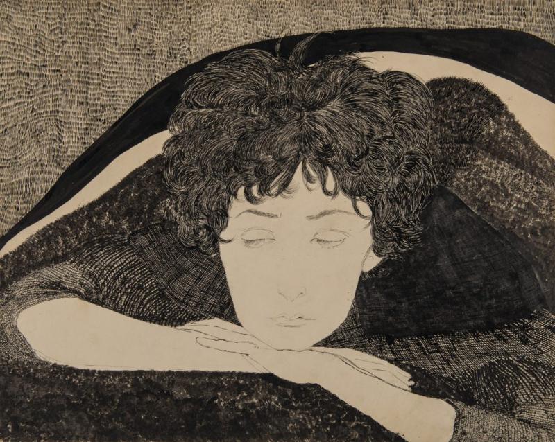 Titina Maselli (Rome 1924 - 2005 Rome) Woman Resting Her Head on Her Hands Pen and ink, brush and wash, and graphite on cream wove paper Gift of Mrs. R. Kirk Askew, Jr., 1983.40.2, Loeb Art Center, Vassar College. © 2020 Artists Rights Society (ARS), New York / SIAE, Rome