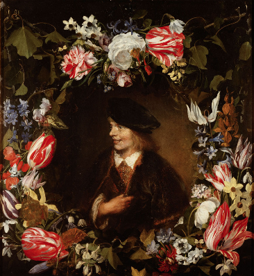 Jan Lievens 1607–1674 tätig u. a. in Leiden, Amsterdam, London und Antwerpen Jan van den Hecke 1620–1684 tätig in Antwerpen, Rom und Brüssel  Bildnis eines jungen Mannes im Blumenkranz um 1642/44