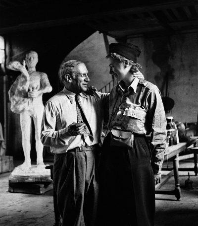 Pablo Picasso and Lee Miller in his studio, Liberation of Paris, Rue des Grands-Augustins, Paris, France 1944 by Lee Miller © Lee Miller Archives England 2021. All Rights Reserved. www.leemiller.co.uk