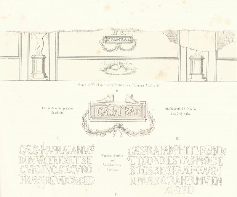 Umzeichnungen der 1866 in der Villa Nennig gefundenen (gefälschten) Inschriften: oben: Wandmalerei mit Nennung Kaiser Trajans, unten: zwei Inschriften vom Wandelgang der Villa (nach VON WILMOWSKY 1868, Taf.1) Foto: Museum für Vor- und Frühgeschichte Saarbrücken