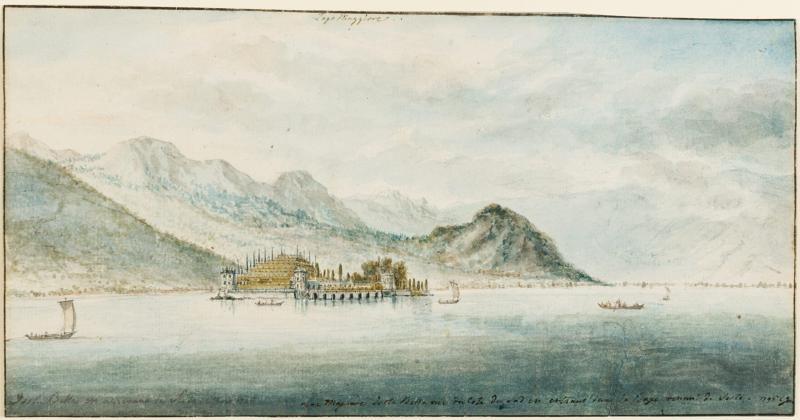 Charles Gore 1729 - 1807 Isola Bella on Lake Maggiore, Italy 1795 Pen and grey ink and watercolour over pencil on laid paper watermarked with a fleur de lys, with a pen and black in border 159 × 314 mm. (6 ¼ × 12 ⅜ in.) Signed lower right: "Lac Magiore Isola Bella vue du Cote du Sud en entrant dans la Bage venant de Seste. 1795 C Gor.", inscribed upper centre: "Lago Maggiore" and further inscribed lower left £ 3,000