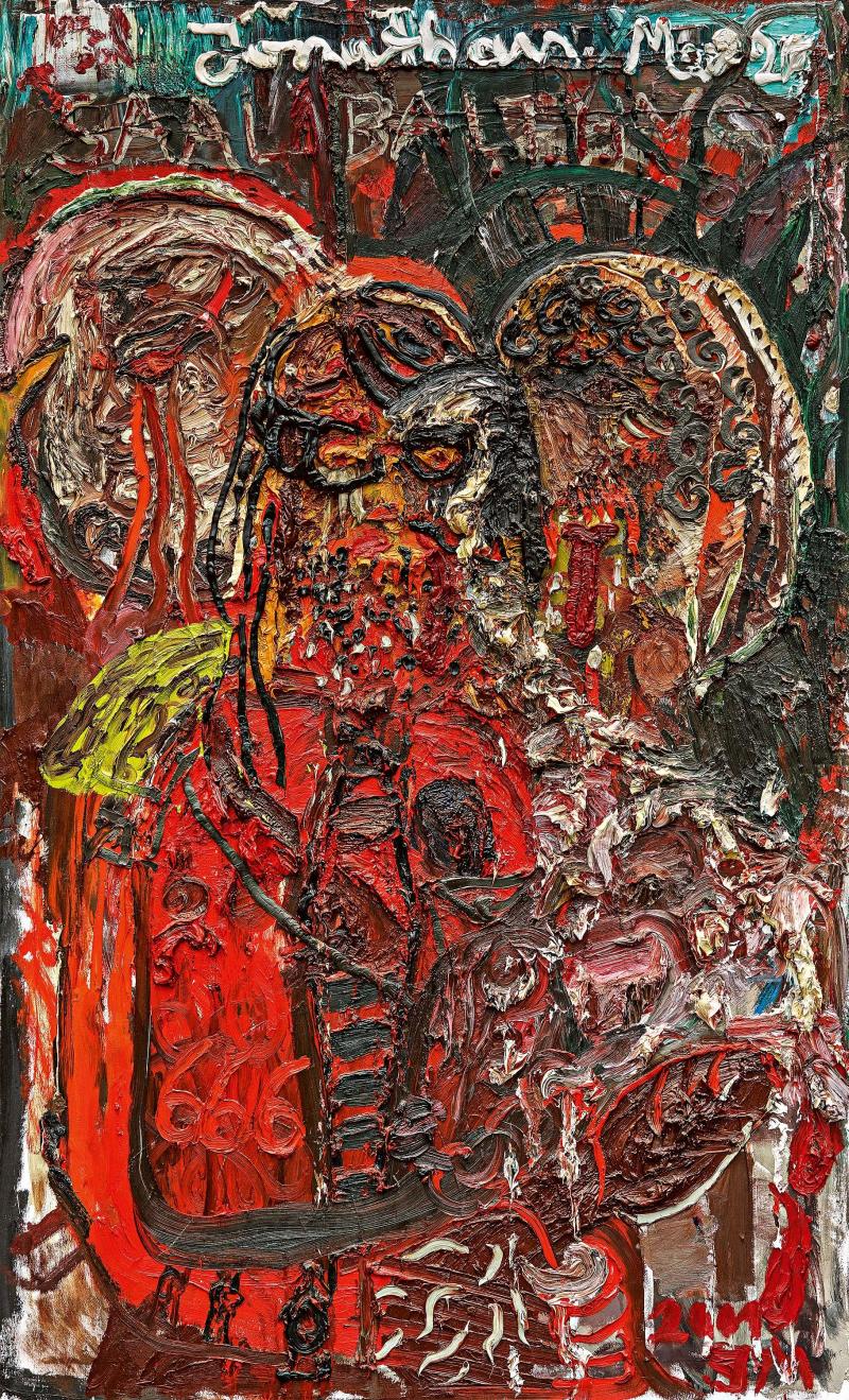 Jonathan Meese (1970)  “Selbstportrait mit kranker Figur” | 2001 | Öl auf Leinwand | 180 x 110 cm Ergebnis: 33.540 Euro