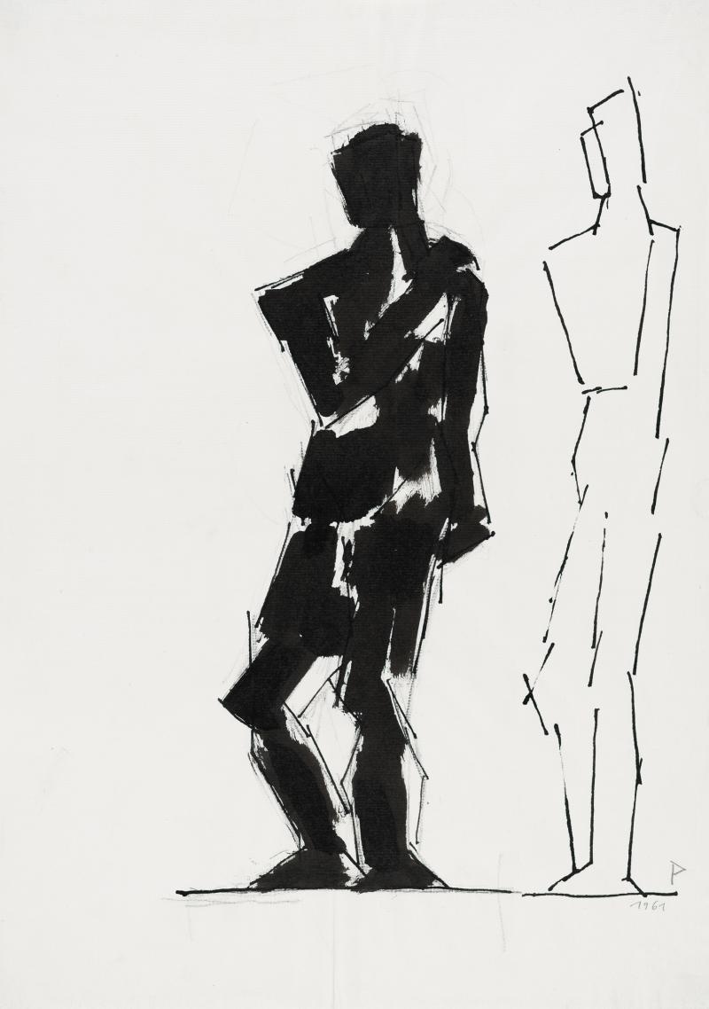 Josef Pillhofer, „Stehender, rechts Wiederholung derselben Figur in Silhouettenform“, 1961,  Tusche und Kohle auf Papier, 44 x 31 cm, Privatbesitz, Foto: UMJ/N. Lackner, © Bildrecht Wien, 2021