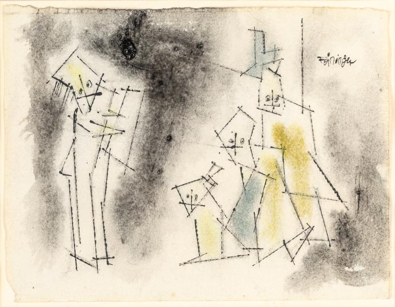 Feininger, Lyonel 1871 New York - 1956 ebd. Aquarell/Tuschfeder auf Papier.  Vier Ghosties. 1950er Jahre.  O.r. sign. (Beschnitten, Fehlstelle u.l.). 12 x 15,5 cm. Pass. R. Der Künstler verkaufte diese kleinen Zeichnungen wie die  "Ghosties" oder "Männekins" nicht, sie wurden verschenkt. Lit.: 1,2,11,14.  Limit: 6.500,- €