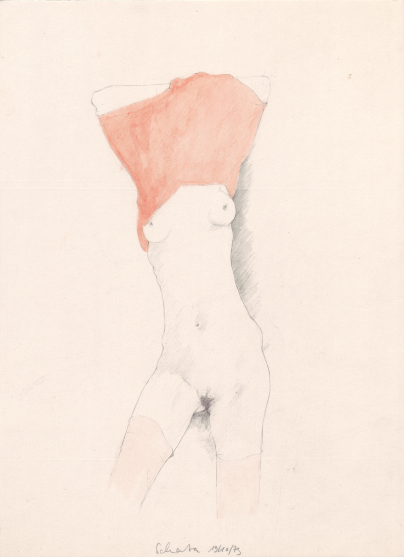 Peter Schate - Akt mit rotem Hemd, 1973, Bleistift und Aquarell auf Papier, 20,5 x 15 cm