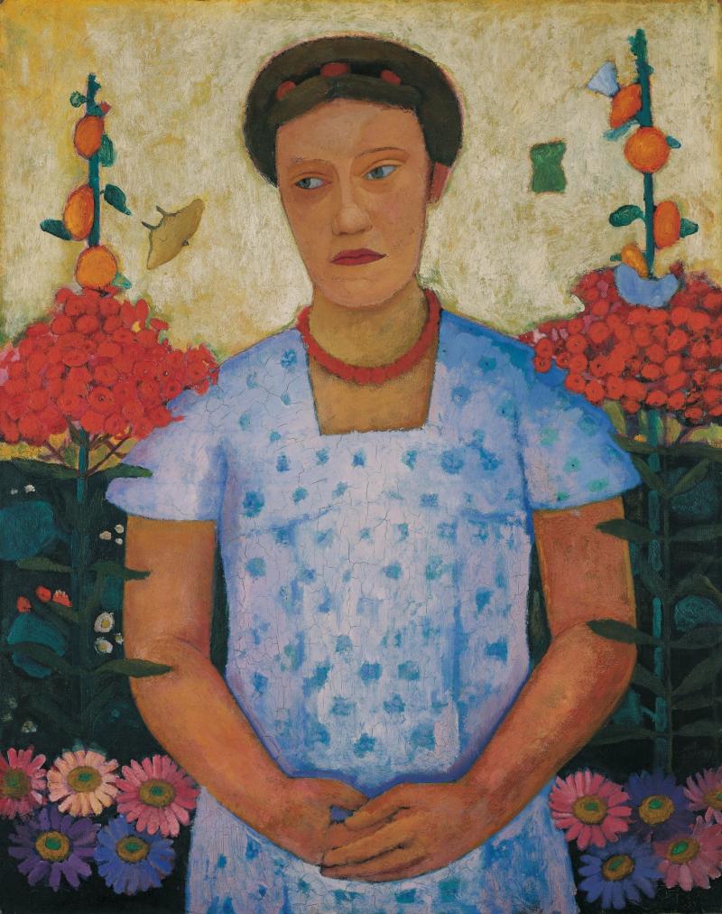 Paula Modersohn-Becker, Bildnis Lee Hoetger vor Blumengrund, 1906, Öl auf Leinwand, Museen Böttcherstraße, Paula Modersohn-Becker Museum, Bremen