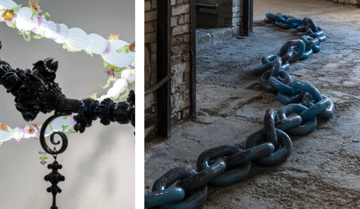 (L) Guirlande by Sam Baron (R) Not All Chains Deter by Edgardo Osorio. Both @ Fondazione Berengo Art Space (Murano) © Leonardo Duggento