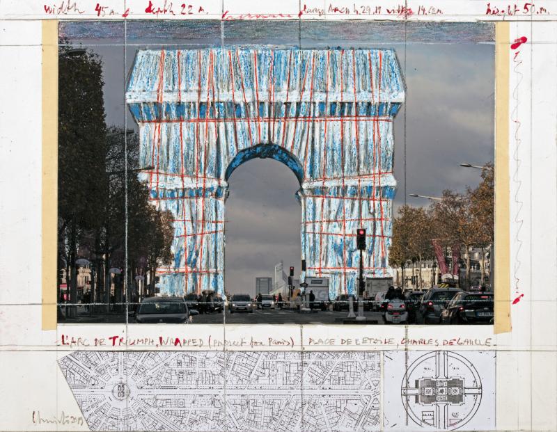 Christo L'Arc de Triumph, Wrapped (Project for Paris) Place de l'Etoile, Charles de Gaulle Collage 2019   Pencil, wax crayon, enamel paint, photograph by Wolfgang Volz, map, architectural and topographic survey, and tape 28 x 35.5 cm (11 x 14 in)  Property of the Estate of Christo V. Javacheff André Grossmann 2019 Christo and Jeanne-Claude Foundation