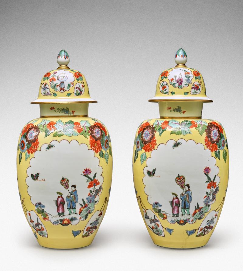 10776 Lot 104 A pair of Meissen Augustus Rex yellow-ground baluster vases and covers