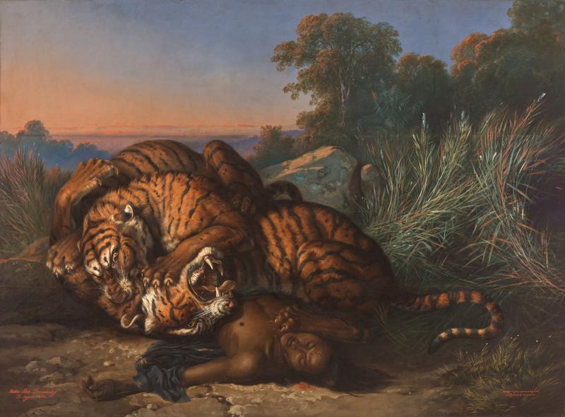 Saleh Ben Jaggia Raden, Kämpfende Tiger über der Leiche eines Javaners, 1870  Foto: Johannes Stoll / Belvedere, Wien