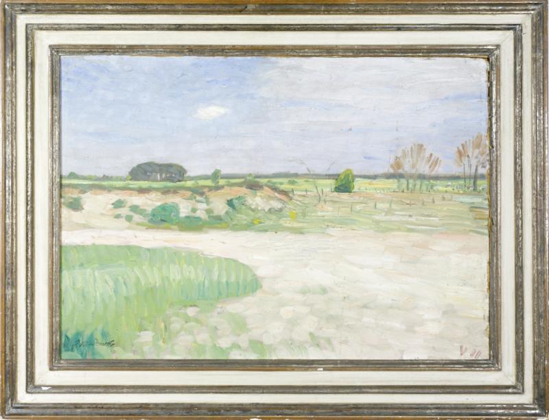 Modersohn, Otto (1865 Soest - 1943 Rotenburg) Fischerhuder Felder- und Dünenlandschaft mit Sandkuhle, 1911. Öl auf Malkarton. 41 x 59,5 cm. Signiert (Nachlasstempel) links unten: O Modersohn, datiert rechts unten: V II. (Mai 1911), rückseitig mit altem Klebeschild, dort betitelt. Gerahmt.