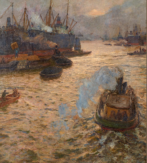 Friedrich Kallmorgen (1856 – 1924) In Rauch und Dunst (Hamburger Hafen) | Öl auf Leinwand | 130 x 113 cm Taxe: € 25.000 – 35.000