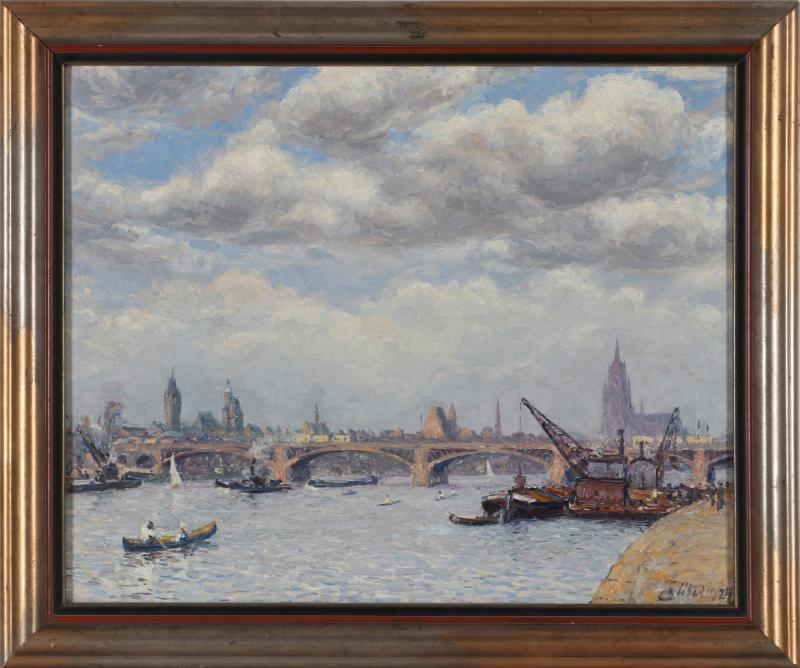 00453 Unbekannter Künstler, r.u. undeutlich sig.  dat. 1924, ‚Baggerschiff und Kanus vor der Untermainbrücke‘, ÖlLwd., 63 x 76 cm (Fi)  Ausruf€ 300,–