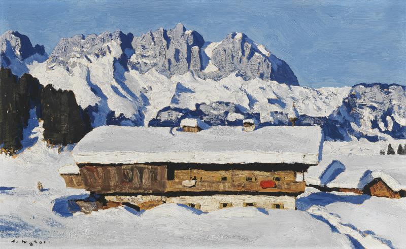 Alfons Walde (Oberndorf 1891 - 1958 Kitzbühel) Wilder Kaiser mit Bauernhof im Winter, ca. 1930, Öl auf Karton, 41,5 x 67 cm, Auktion "Moderne" 30. November 2021, Schätzwert € 280.000 - 450.000