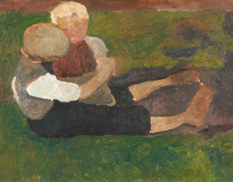 Paula Modersohn-Becker (1876 – 1907) Sitzender Junge mit Mädchen auf dem Schoß | Um 1903 Tempera und Öl auf Pappe | 40 x 52,5 cm Schätzpreis: € 200.000 – 300.000