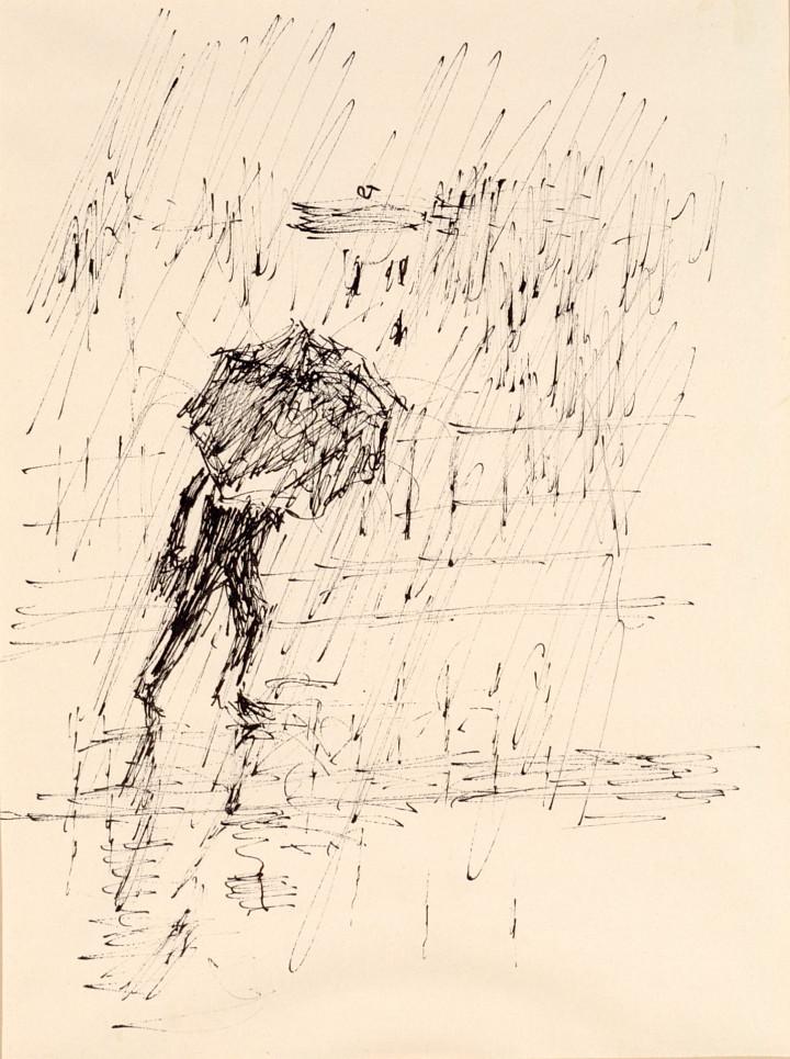 Paul Flora | Im Regen: Mann, vom Schirm halb verdeckt, geht gegen Regen, um 1946 | ALBERTINA, Wien © Nachlassvertretung für Paul Flora, Salzburg sowie Diogenes Verlag, Zürich