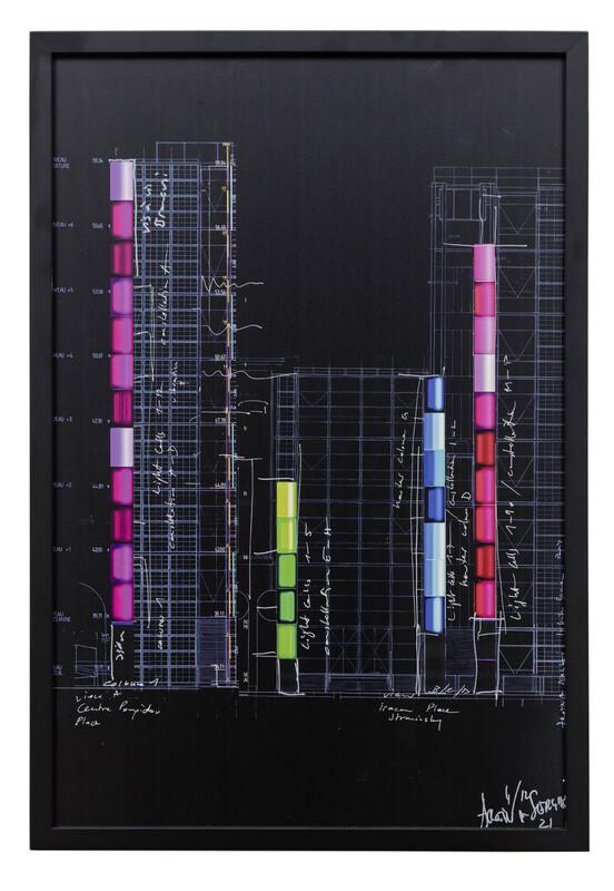 Infinite Light Column tribute to Brancusi, preparation drawing for the installation at Centre Pompidou 2021 Collectors edition with white drawing on aluminum print 60 × 40 cm (23,6 × 15,7 in)