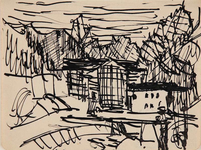 Ernst Ludwig Kirchner, Bauernhaus mit Blick auf Tinzenhorn, 1924, Feder in Tusche, 17 x 22 cm