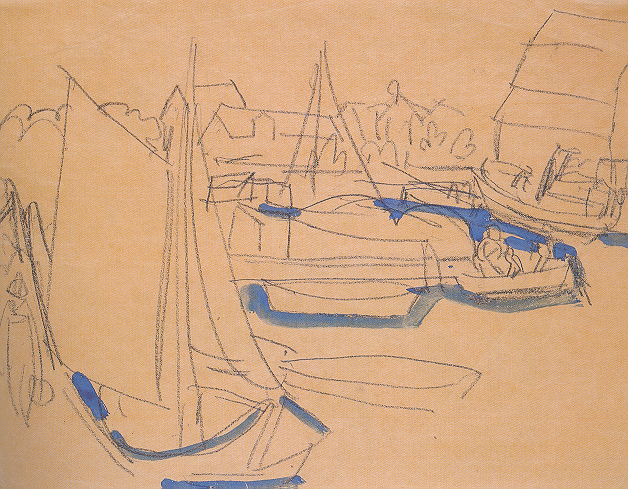 Ernst Ludwig Kirchner, Hafen Burgstaaken auf Fehmarn (Schiffe), 1912Schwarze Kreide und Aquarell, 33 x 43,6 cm