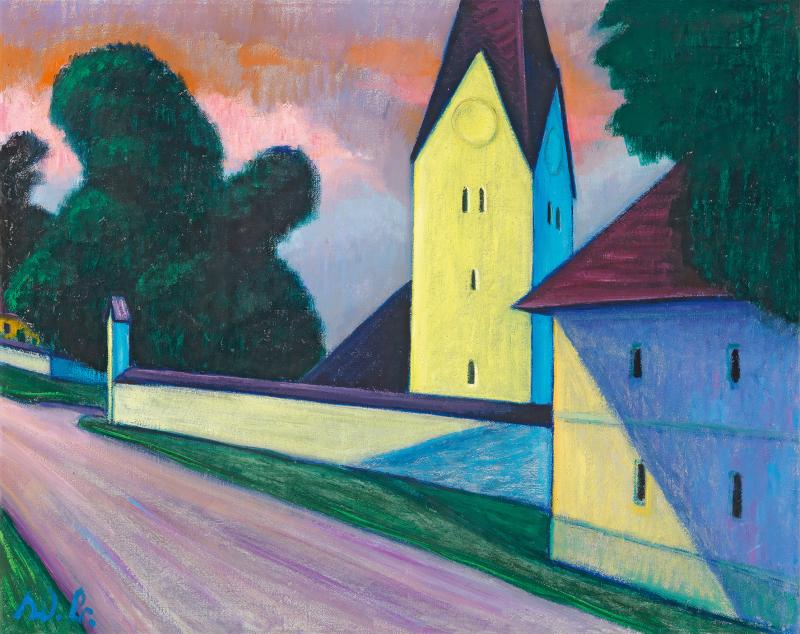 Werner Berg (Wuppertal-Elberfeld 1904 - 1981 St. Veit im Jauntal/Kärnten) Sommerabend (Kirche in St. Stefan in Globasnitz, Kärnten) monogrammiert, Öl auf Leinwand, 76 x 96 cm, Auktion Moderne 31. Mai 2022, Schätzwert € 140.000 - 180.000