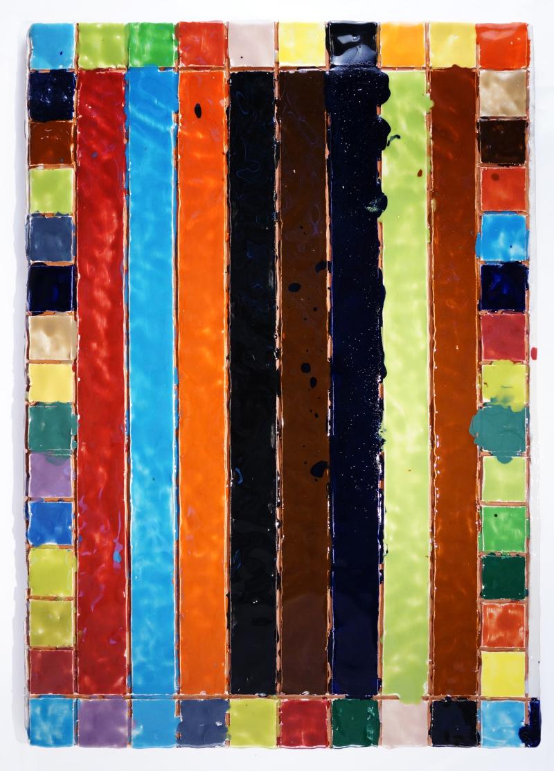 Polly Apfelbaum, Pennsylvania Squares and Stripes Quilt, 2021 Terra Cotta und Glasur, 76.2 x 50.8 cm, Courtesy of the artist