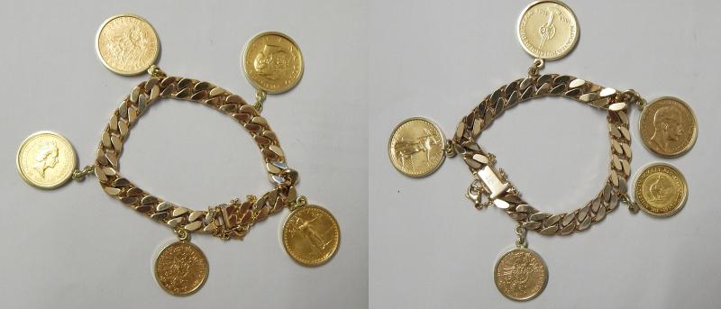 Schweres Panzerarmband,585er Gelbgold mit 5 verschiedenen Münzanhängern :20 Mark-Deutsches Reich 1910,Medaille Kölner Humboldt Deutz AG 1864-1964,10$ Liberty,10Mark Deutsches Reich 1873,25 Austral.$ 1993,Gesamtgewicht ca.85,30 Gramm