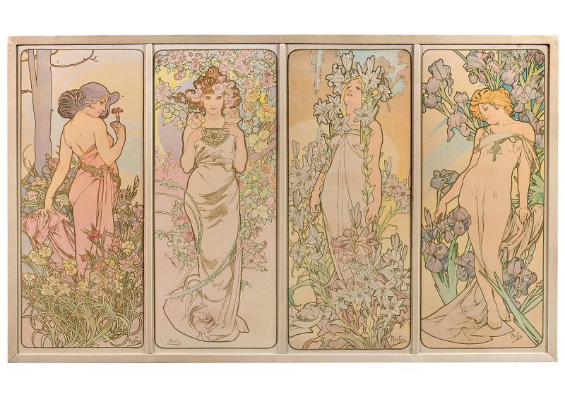 Alfons Mucha (Entwurf), Zyklus “Les fleurs” Paris 1897 / Ausführung Druckerei F. Champenois Imprimeur-Editeur, Paris 1898 Seidenatlas, Farblithographie H 100,7 cm, B 41,7 cm (je Stoffbahn) Signiert auf allen Stoffbahnen unten "Mucha" Badisches Landesmuseum  © Badisches Landesmuseum, Foto: Peter Gaul