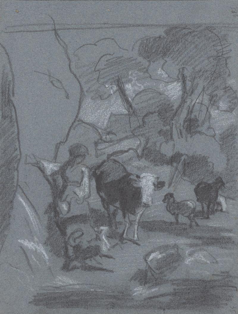 Rudolf Koller, Studie zu «Idylle am Hasliberg». Aus: Skizzenbuch P 36, fol. 35, 1862/1864 Grafitstift, weiss gehöht, auf Papier, 21,6 x 28 cm Kunsthaus Zürich, 1905