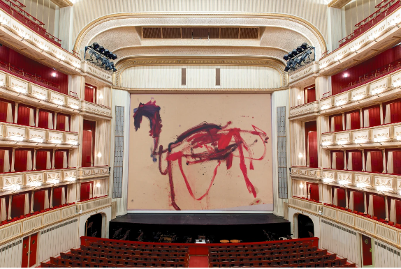 Martha Jungwirth, The Trojan Horse 2019, Security Curtain, museum in progress, Wiener Staatsoper, 2019/2020. Copyright: museum in progress (www.mip.at), Photo: Andreas Scheiblecker