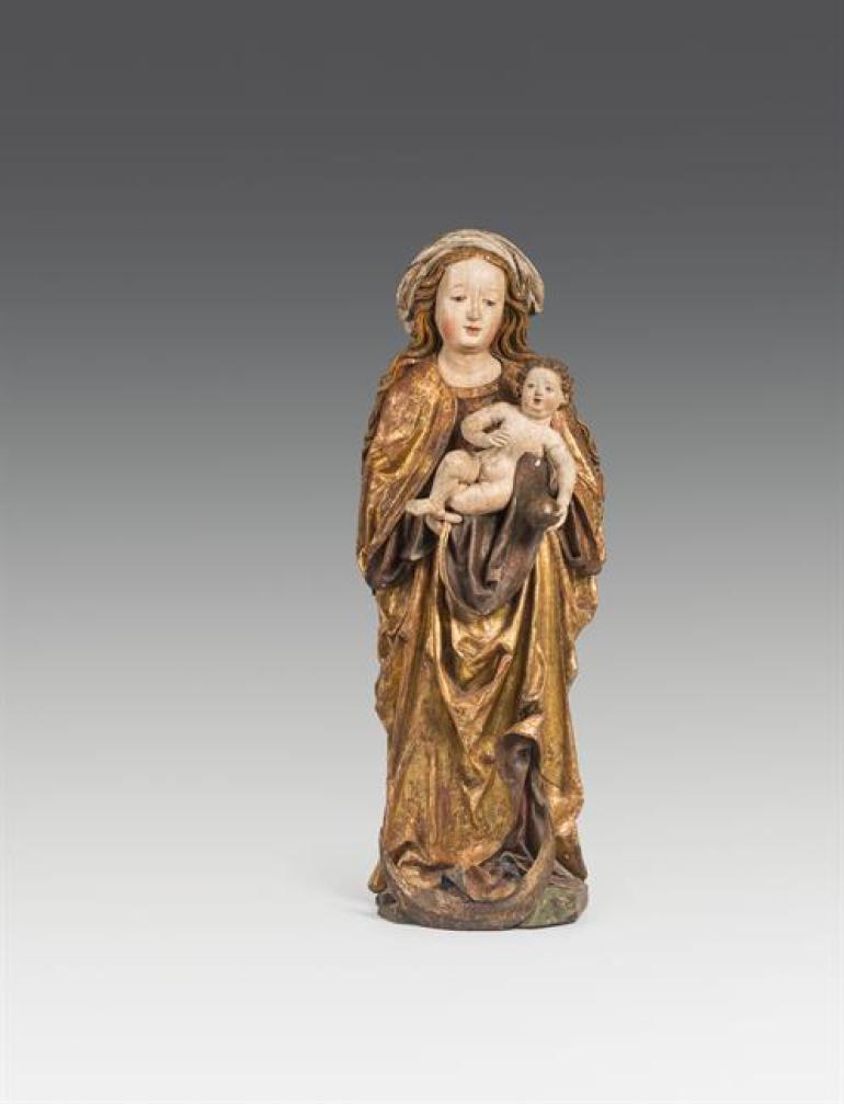 Lot 1036 wohl Niklaus Weckmann  Mondsichelmadonna mit Kind Lindenholz, rückseitig gehöhlt; alte Fassung und Vergoldung H. 132 cm Schätzpreis: 30 000 - 60 000 €