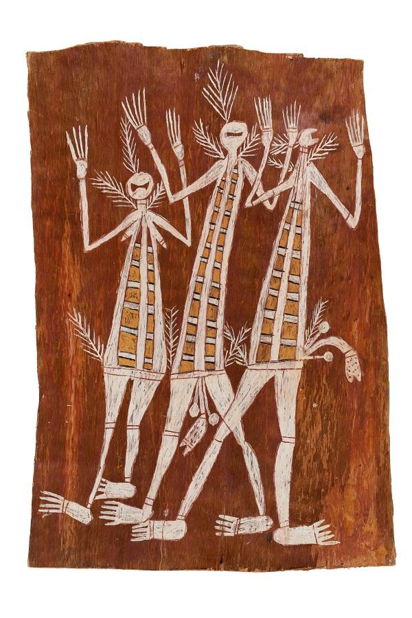 Yirrwala (ca. 1897–1976) Three Mimih Spirits (Ausschnitt), ca. 1958 Erdfarben auf Eukalyptusrinde, 87,5 × 59,5 cm © VG Bild-Kunst Bonn, 2022