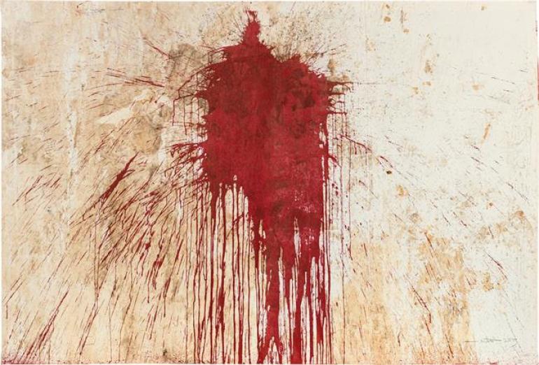 Lot 2203 Hermann Nitsch* Relikt (109. Aktion), 2001/2015 Acryl, Blut auf Stoff; ungerahmt 158 x 230 cm Schätzpreis: 70 000 - 140 000 € Verkaufspreis € 132.000