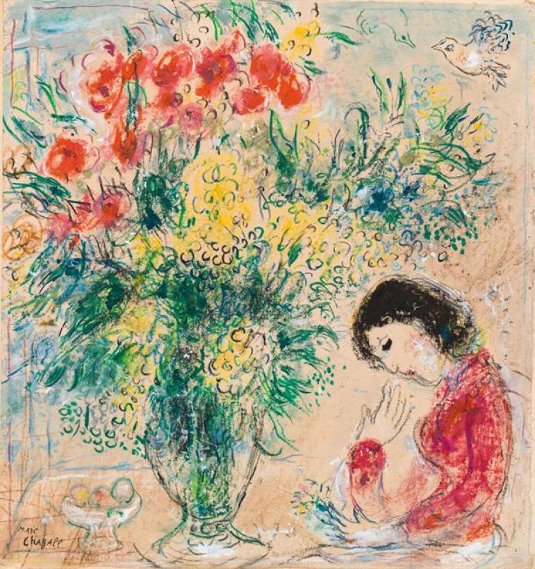 Lot 2024 Marc Chagall* Fleurs et Femme en rêve, wohl 1970er Jahre Gouache, Farbkreide und Bleistift auf Papier auf Leinwand 44,6 x 42 cm Schätzpreis: 100 000 - 200 000 € Verkaufspreis € 430.500