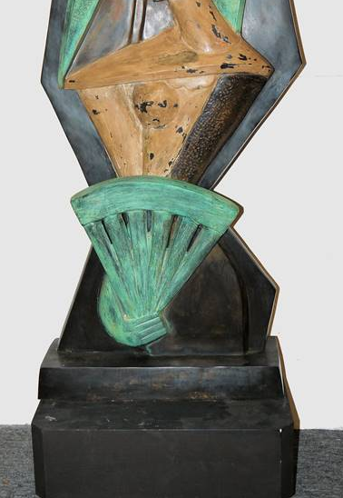 Los Nr. 3 | A293 0003-Alexander Archipenko, nach, “Woman with fan”, großer bemalter Bronzeguss & Malerische, expressive Interpretation des gleichen Motivs, Ölgemälde im Goldstuckrahmen Limit: € 1500